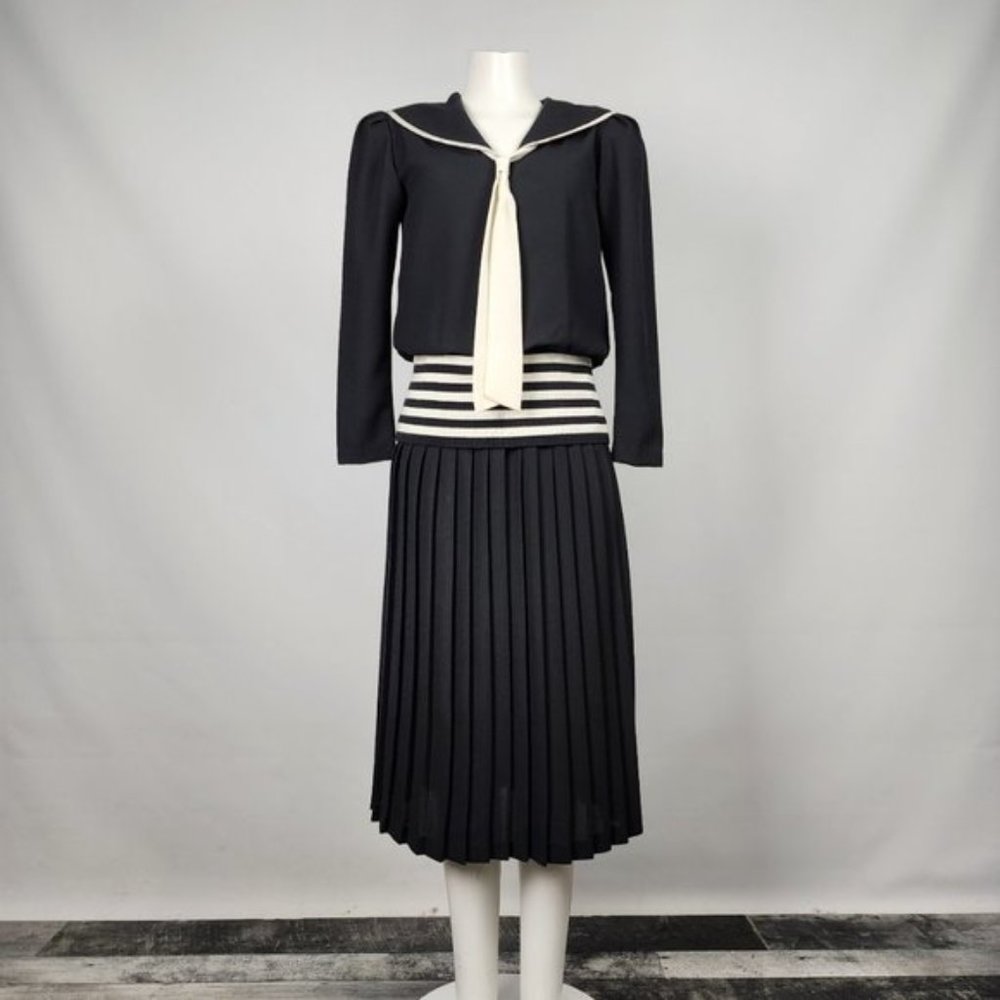 Vintage Orite Black &White Necktie Pleated Dress Size S